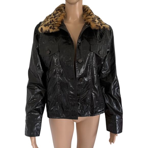 Y2K Leopard Fur Collar Croc Vinyl Jacket Upcycled Rolling Stones Glam Rock Black - Picture 2 of 11